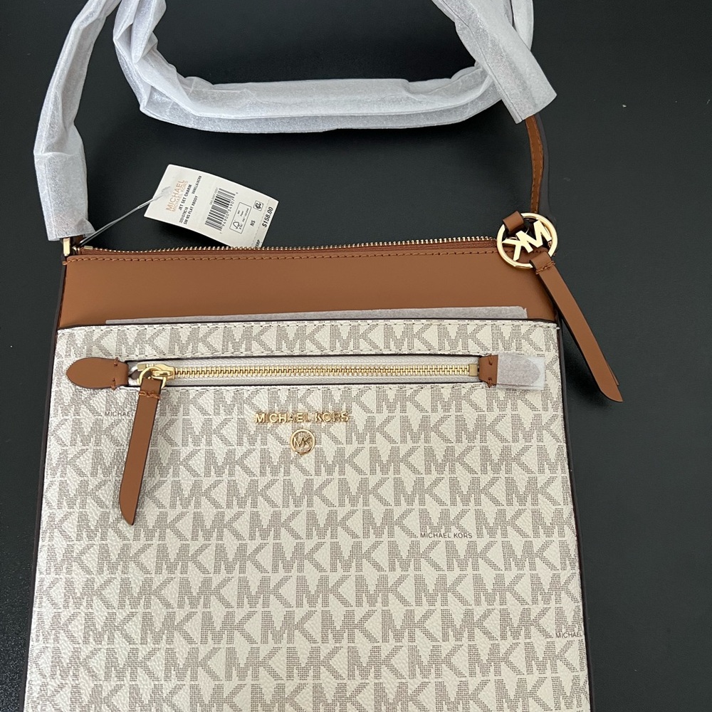 NWT Michael Kors Beige Vanilla Signature Crossbody with Brown Leather Trim OBO